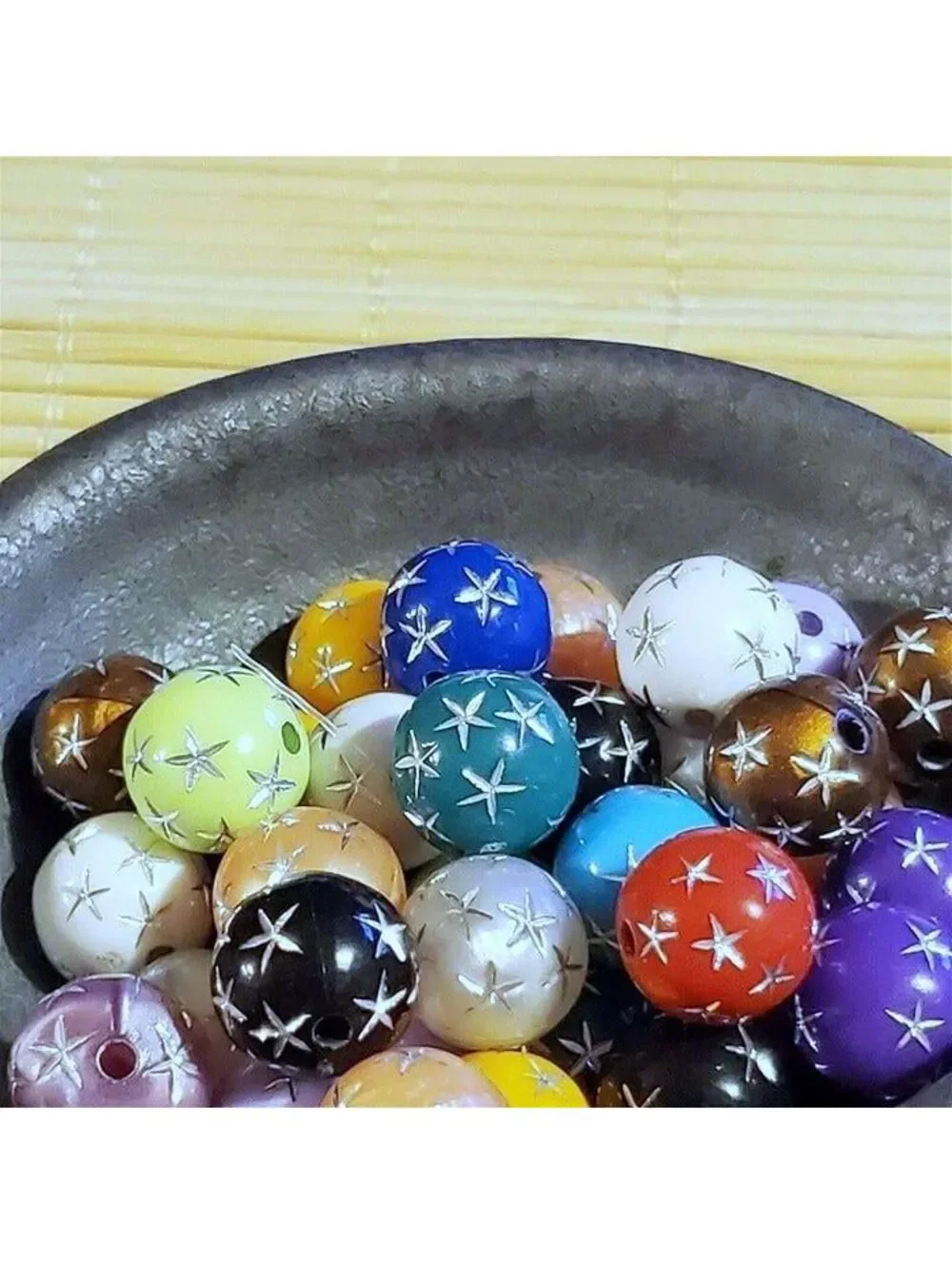 Vintage Retro Mixed Colors Silver Stars 12mm Round Acrylic Shabby Beads 10 pcs